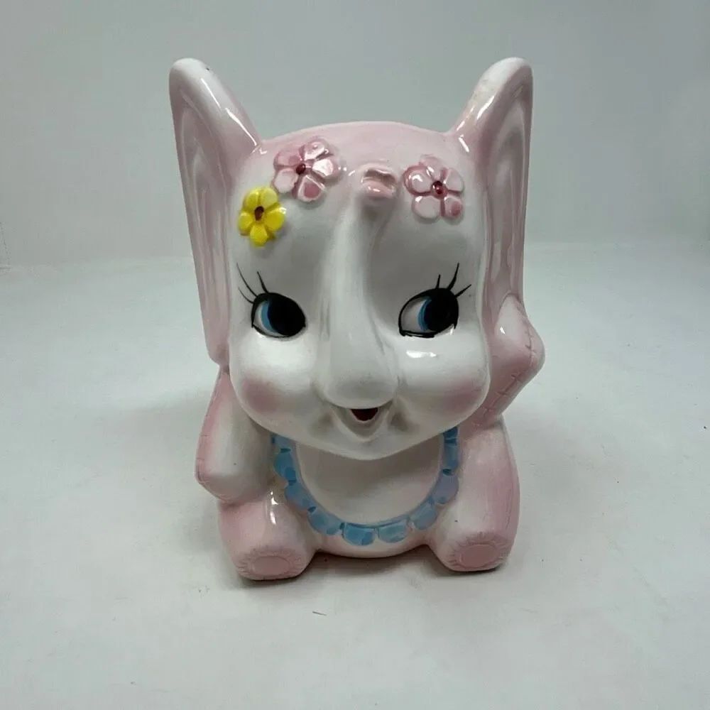 Vtg Elephant Planter Pink Made in Japan D-Ann Imp. Trunk Up Baby Nursery Vase Ho